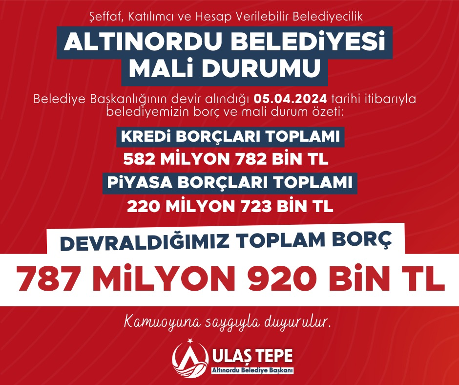 BAŞKAN ULAŞ TEPE, ALTINORDU BELEDİYESİNİN BORCUNU AÇIKLADI 